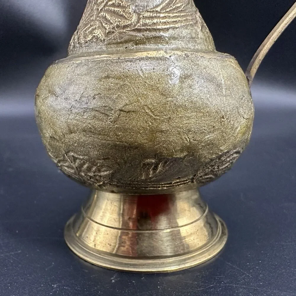 Vintage Anglo Indian Brass Decor Set Sage Green Enamel Pitcher & Lidded Jar